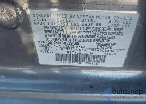 2015 Nissan Versa 1.6 S+ z USA, uszkodzony, nr VIN 3N1CN7AP3FL954565